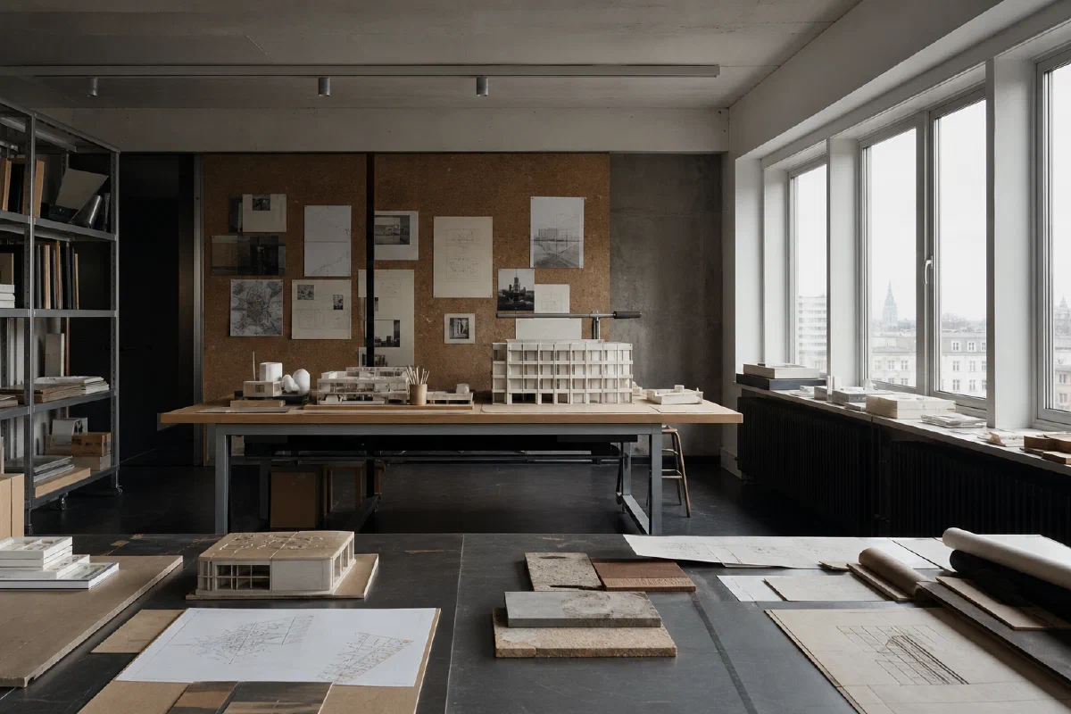 Conceptual view of an architecture studio workspace in Warsaw